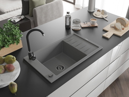 Mexen Elias chiuvetă de granit cu 1 compartiment, cu scurgător, 795 x 480 mm, gri, sifon negru - 6511791005-71-B