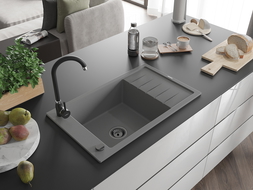 Mexen Elias chiuvetă din granit cu 1 compartiment cu picurător 795 x 480 mm, gri, sifon Neagră - 6511791005-71-B