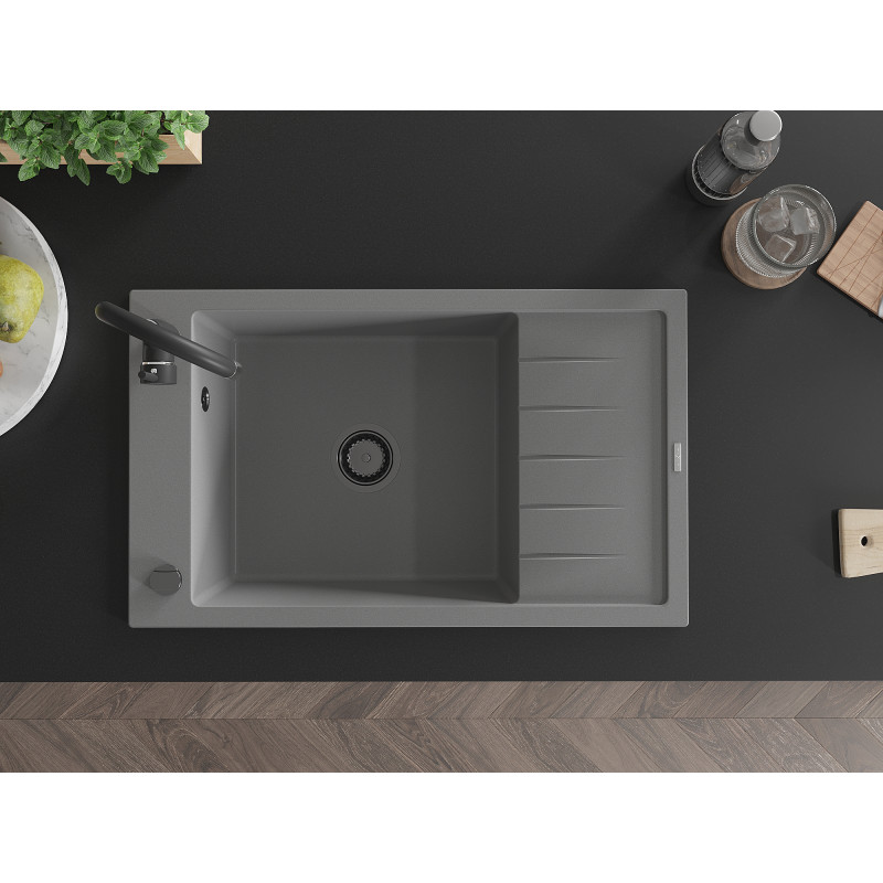 Mexen Elias chiuvetă de granit cu 1 compartiment, cu scurgător, 795 x 480 mm, gri, sifon negru - 6511791005-71-B
