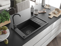 Mexen Elias chiuvetă de granit cu o cuvă și scurgător 795 x 480 mm, negru/argintiu metalic, sifon negru - 6511791005-73-B