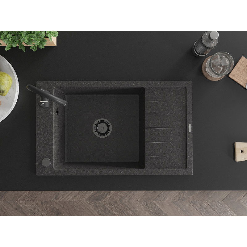Mexen Elias chiuvetă de granit cu 1 compartiment și scurgător 795 x 480 mm, negru pătat, sifon negru - 6511791005-76-B