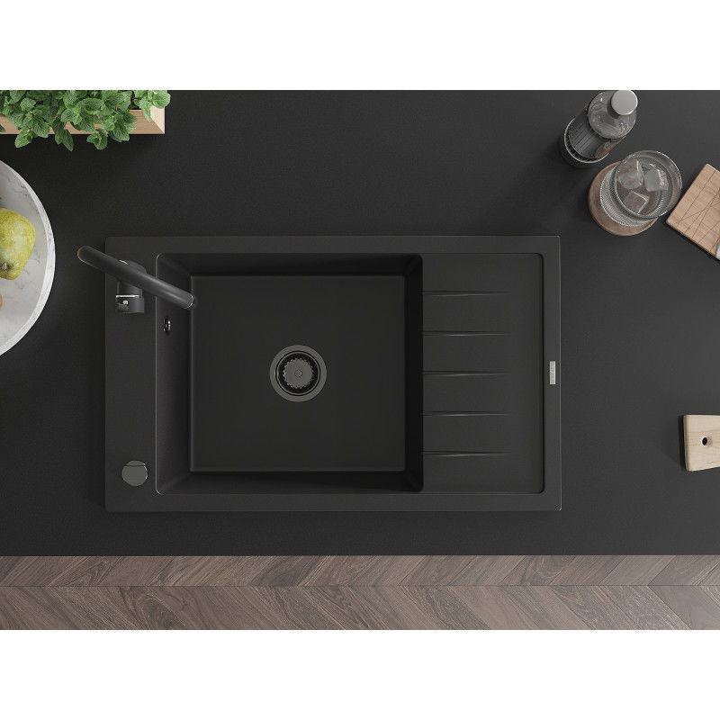 Mexen Elias chiuvetă din granit cu 1 compartiment și scurgător 795 x 480 mm, negru, sifon negru - 6511791005-77-B