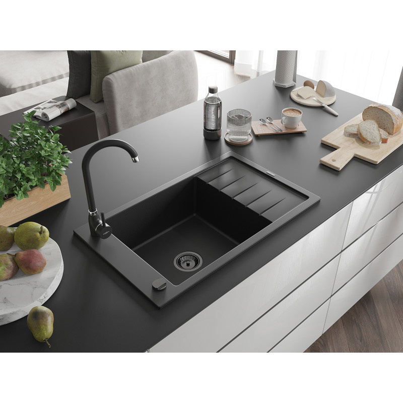 Mexen Elias chiuvetă granitică 1-cameră cu scurgător 795 x 480 mm, neagră, sifon negru - 6511791005-77-B