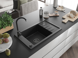 Mexen Elias chiuvetă din granit cu 1 compartiment cu picurător 795 x 480 mm, Neagră, sifon Neagră - 6511791005-77-B