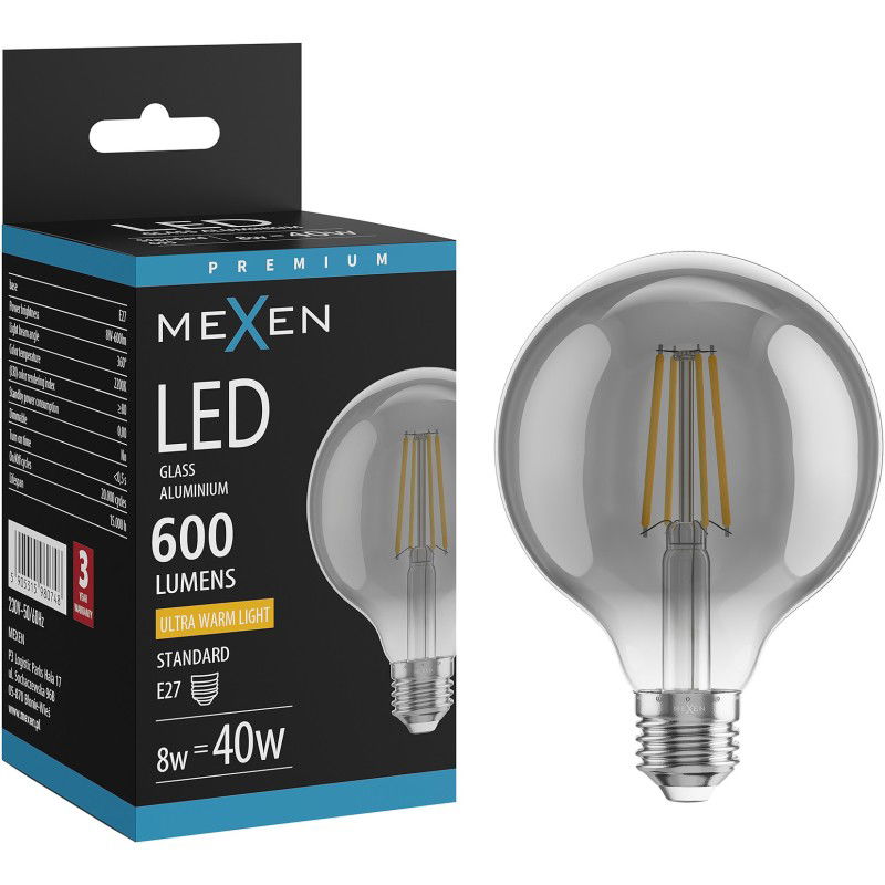 Mexen Vintis LED filament izzó E27, G95, 8W, Meleg - 2200K, 600 lm, füstszínű - L157-E27-0822-70
