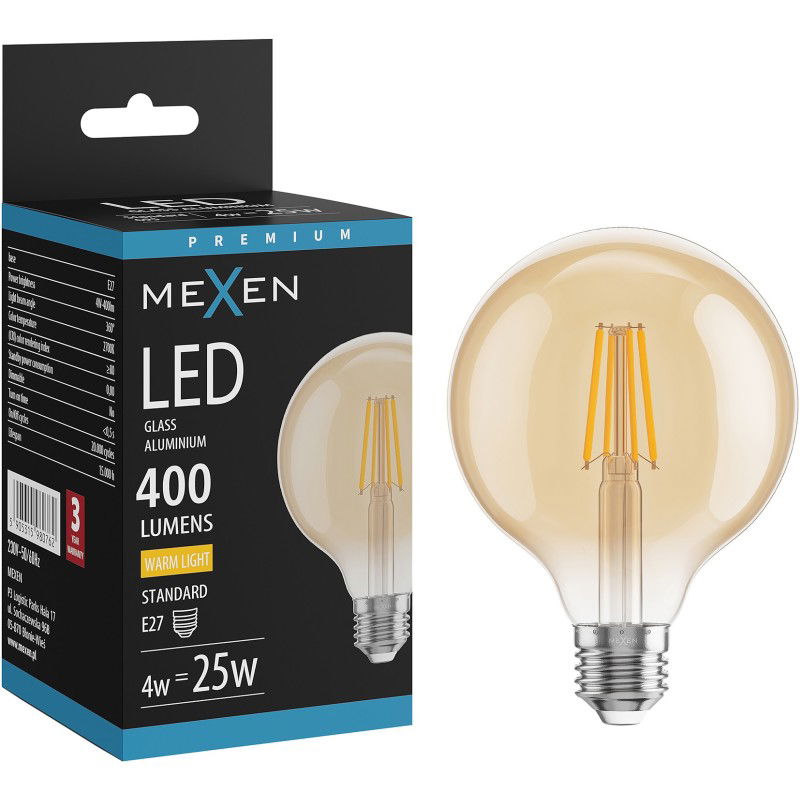 Mexen Vintis Bec LED filament E27, G95, 4W, Cald - 2700K, 400 lm, chihlimbar - L157-E27-0427-50