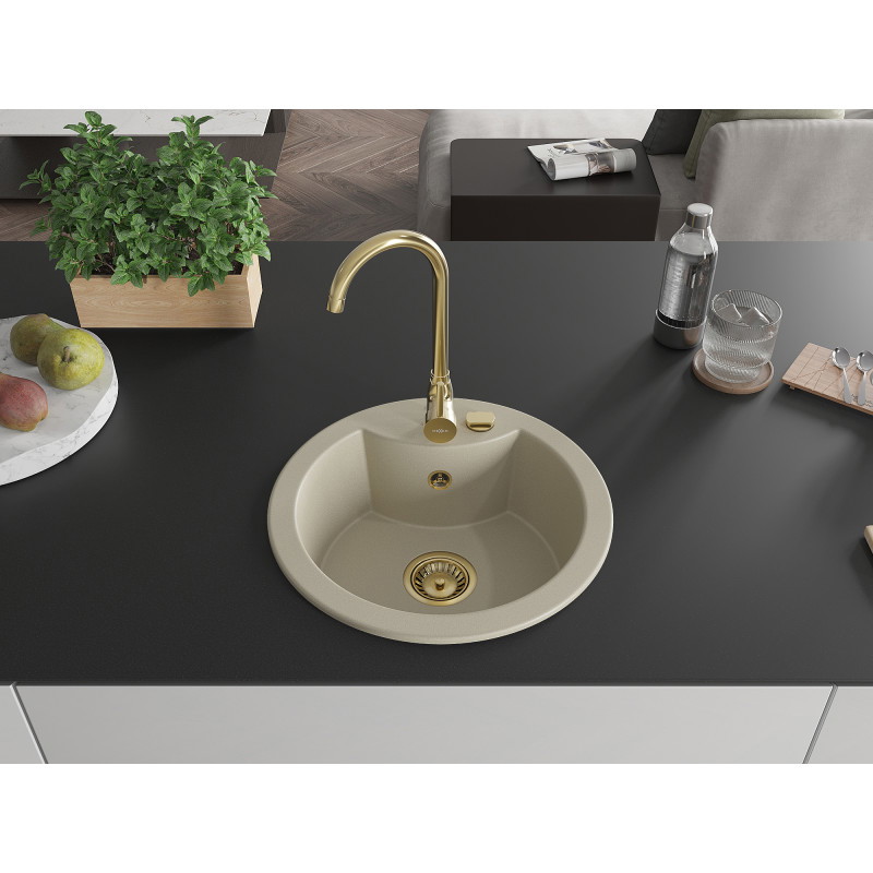 Mexen Diego chiuvetă de granit cu 1 cuvă 488 x 480 mm, bej, sifon auriu - 6512481000-69-G