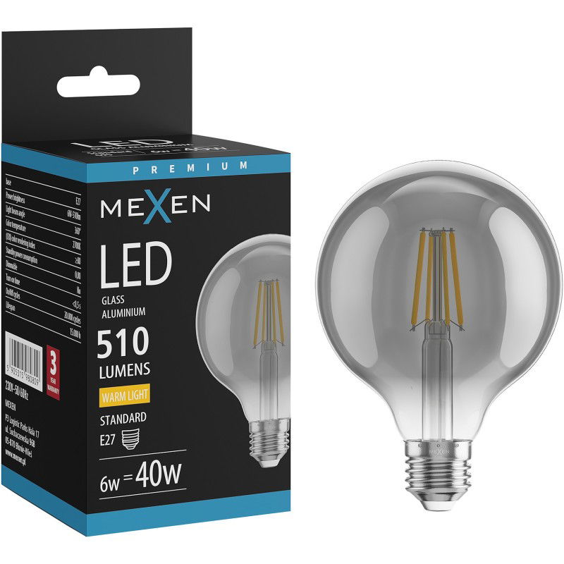 Mexen Vintis LED filament izzó E27, G95, 6W, Meleg - 2700K, 510 lm, füst - L157-E27-0627-70