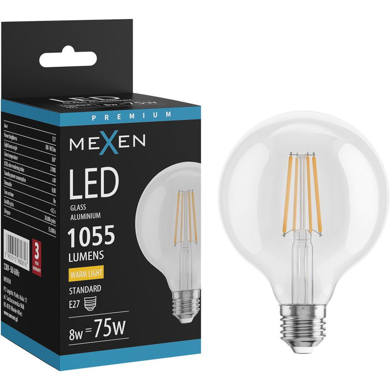 Mexen Vintis LED filament izzó E27, G95, 8W, Meleg - 2700K, 1055 lm, átlátszó - L157-E27-0827-00
