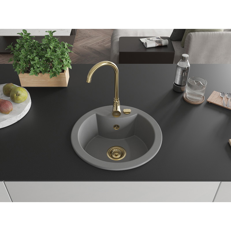 Mexen Diego chiuvetă de granit cu 1 compartiment 488 x 480 mm, gri, sifon auriu - 6512481000-71-G
