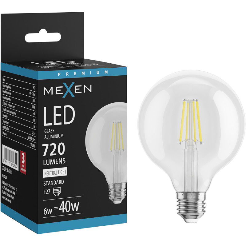 Mexen Vintis Bec LED filament E27, G95, 6W, Neutru - 4000K, 720 lm, transparent - L157-E27-0640-00