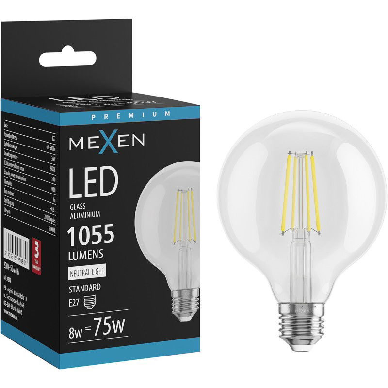 Mexen Vintis LED filament izzó E27, G95, 8W, Semleges - 4000K, 1055 lm, átlátszó - L157-E27-0840-00