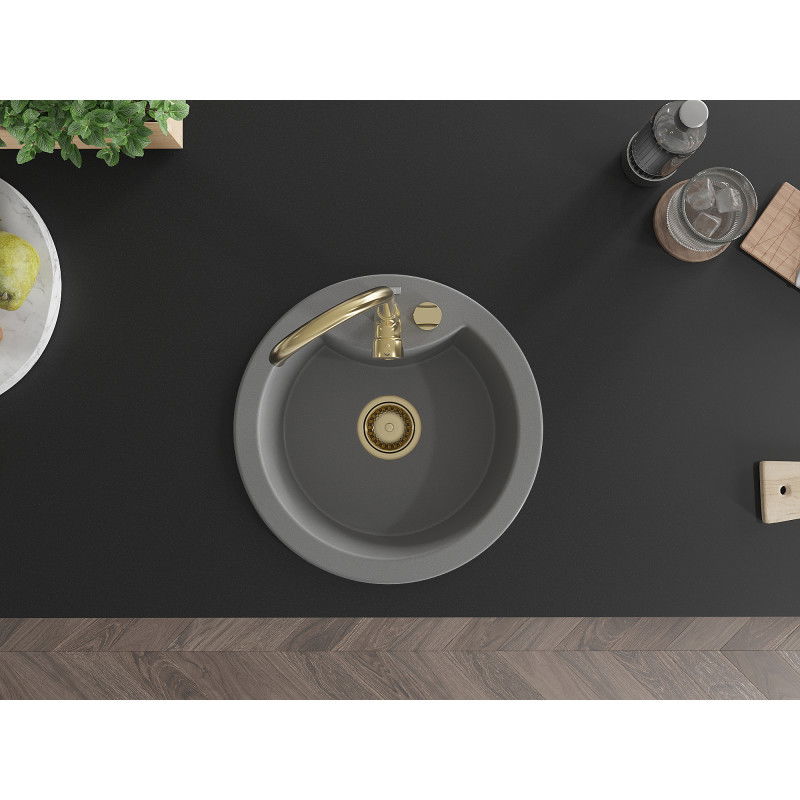 Mexen Diego chiuvetă din granit cu 1 compartiment 488 x 480 mm, gri, sifon auriu - 6512481000-71-G
