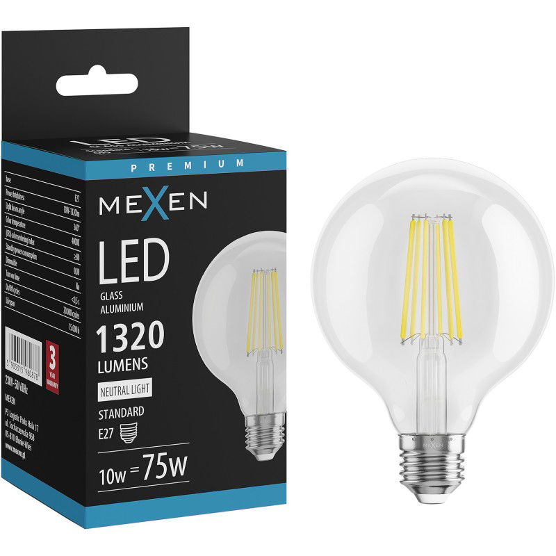 Mexen Vintis LED filament izzó E27, G95, 10W, Semleges - 4000K, 1320 lm, átlátszó - L157-E27-1040-00
