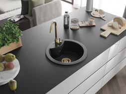Mexen Diego chiuvetă de granit cu 1 compartiment 488 x 480 mm, Neagră/Argintiu metalic, sifon Auriu - 6512481000-73-G