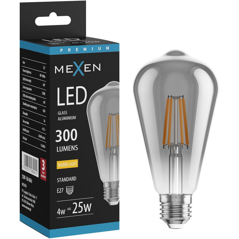 Mexen Vintis LED filament izzó E27, ST64, 4W, Meleg - 2200K, 300 lm, füstös - L152-E27-0422-70