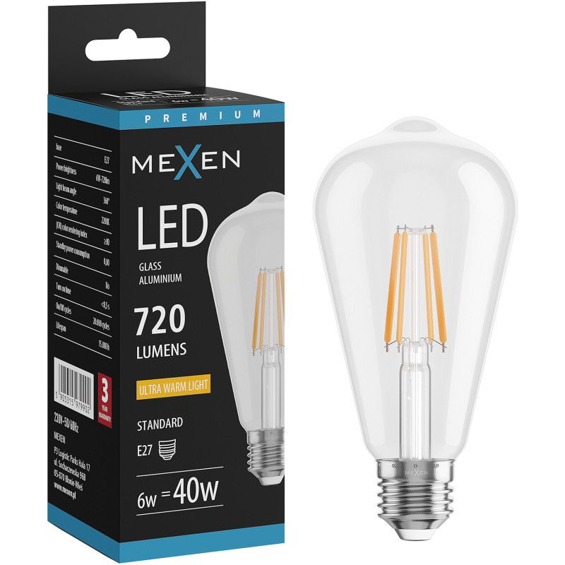 Mexen Vintis Bec filament LED E27, ST64, 6W, Cald - 2200K, 720 lm, clar - L152-E27-0622-00
