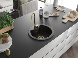 Mexen Diego chiuvetă de granit cu 1 compartiment 488 x 480 mm, Neagră/Auriu metalic, sifon Auriu - 6512481000-75-G