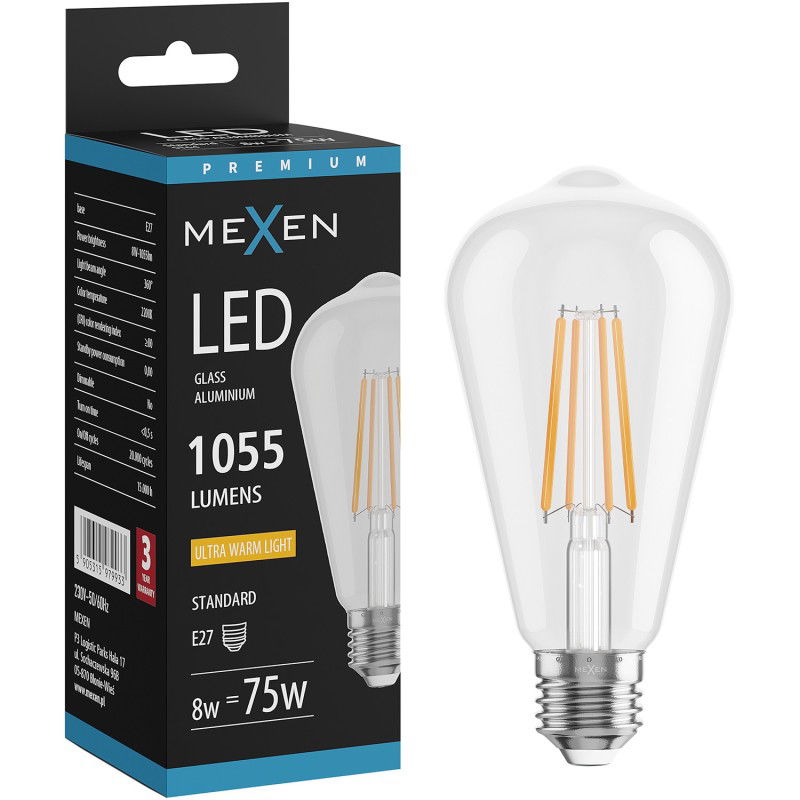 Mexen Vintis Bec LED filament E27, ST64, 8W, Caldă - 2200K, 1055 lm, transparent - L152-E27-0822-00