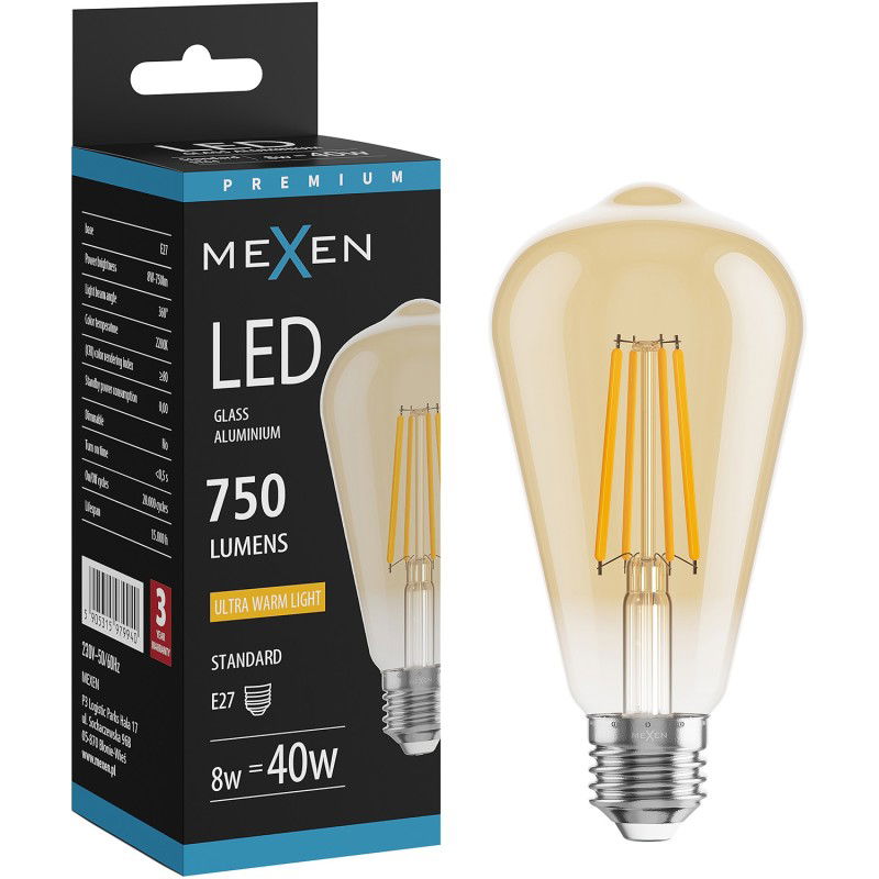 Mexen Vintis LED filament izzó E27, ST64, 8W, Meleg - 2200K, 750 lm, borostyán - L152-E27-0822-50