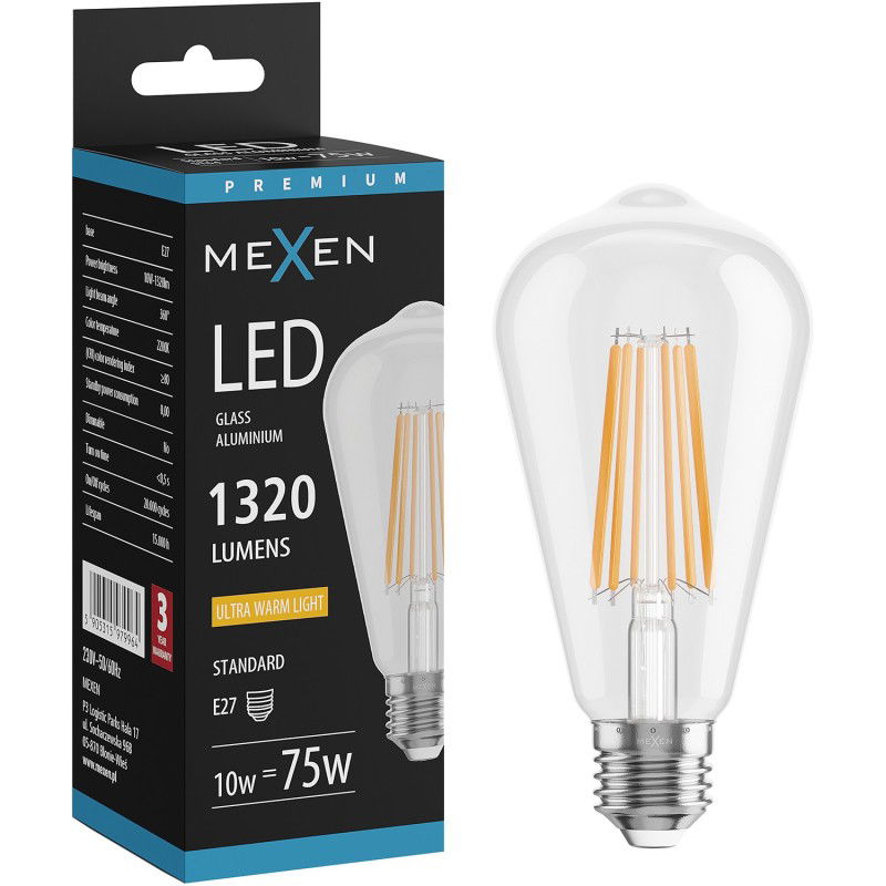 Mexen Vintis LED filament izzó E27, ST64, 10W, Meleg - 2200K, 1320 lm, átlátszó - L152-E27-1022-00
