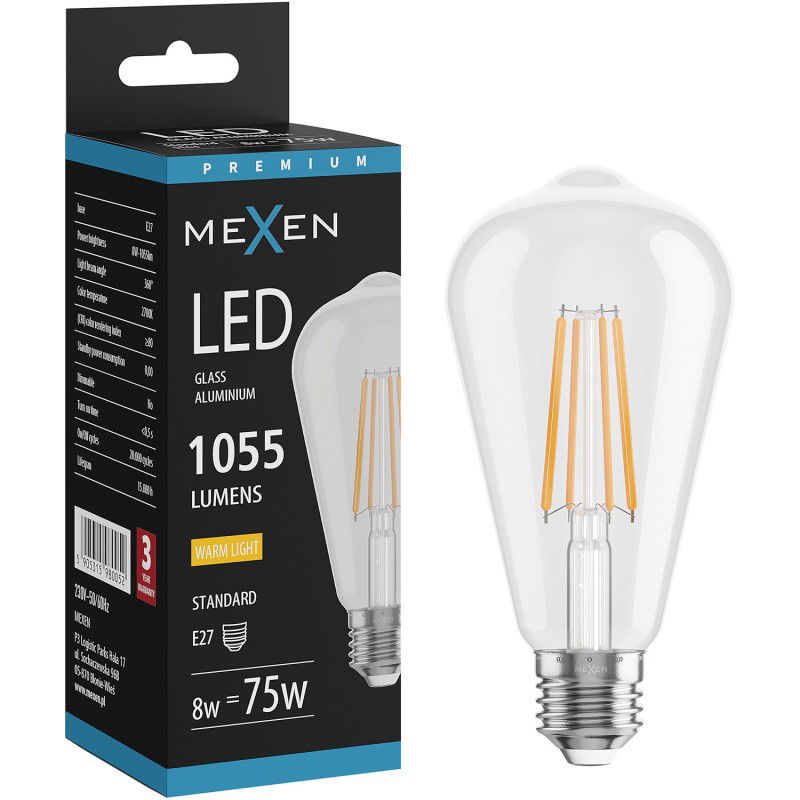 Mexen Vintis LED filament izzó E27, ST64, 8W, Meleg - 2700K, 1055 lm, átlátszó - L152-E27-0827-00