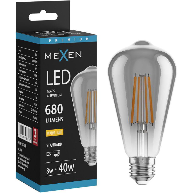Mexen Vintis Bec LED cu filament E27, ST64, 8W, Cald - 2700K, 680 lm, fumuriu - L152-E27-0827-70