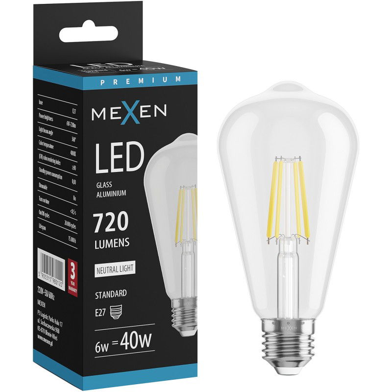 Mexen Vintis LED filament izzó E27, ST64, 6W, Semleges - 4000K, 720 lm, átlátszó - L152-E27-0640-00