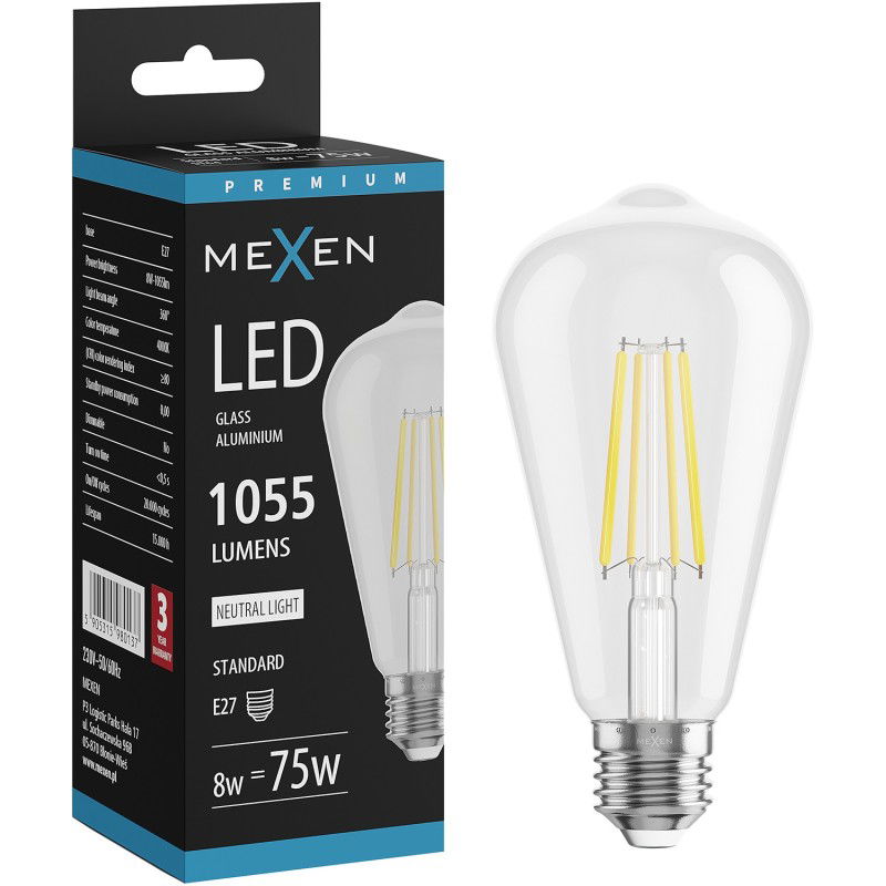 Mexen Vintis Bec LED filament E27, ST64, 8W, Neutru - 4000K, 1055 lm, transparent - L152-E27-0840-00