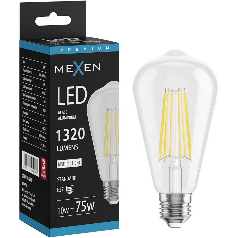 Mexen Vintis LED filament izzó E27, ST64, 10W, Semleges - 4000K, 1320 lm, átlátszó - L152-E27-1040-00