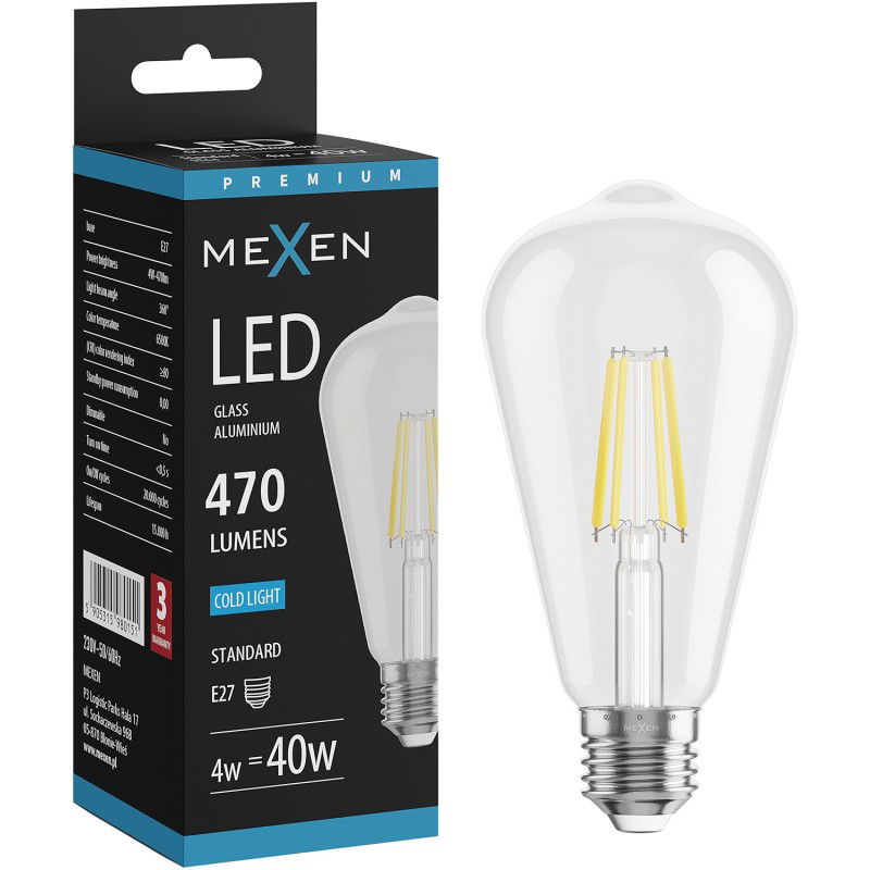 Mexen Vintis LED filament izzó E27, ST64, 4W, Hideg - 6500K, 470 lm, átlátszó - L152-E27-0465-00
