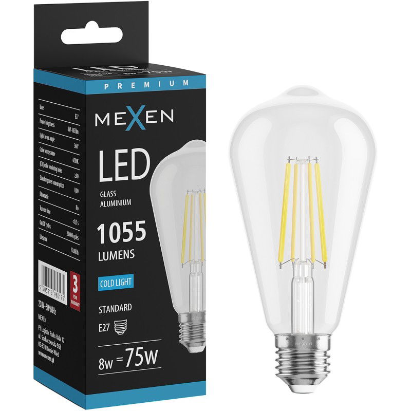 Mexen Vintis LED izzószálas izzó E27, ST64, 8W, Hideg - 6500K, 1055 lm, tiszta - L152-E27-0865-00
