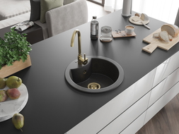 Mexen Diego chiuvetă de granit cu 1 compartiment 488 x 480 mm, Neagră picățele, sifon Auriu - 6512481000-76-G