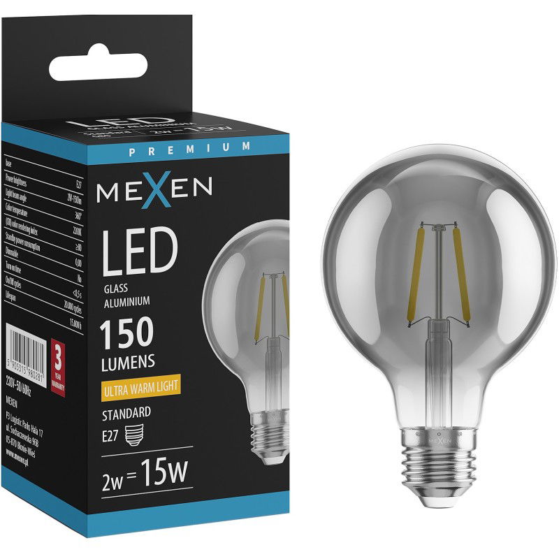 Mexen Vintis LED filament izzó E27, G80, 2W, Meleg - 2200K, 150 lm, füstszínű - L155-E27-0222-70