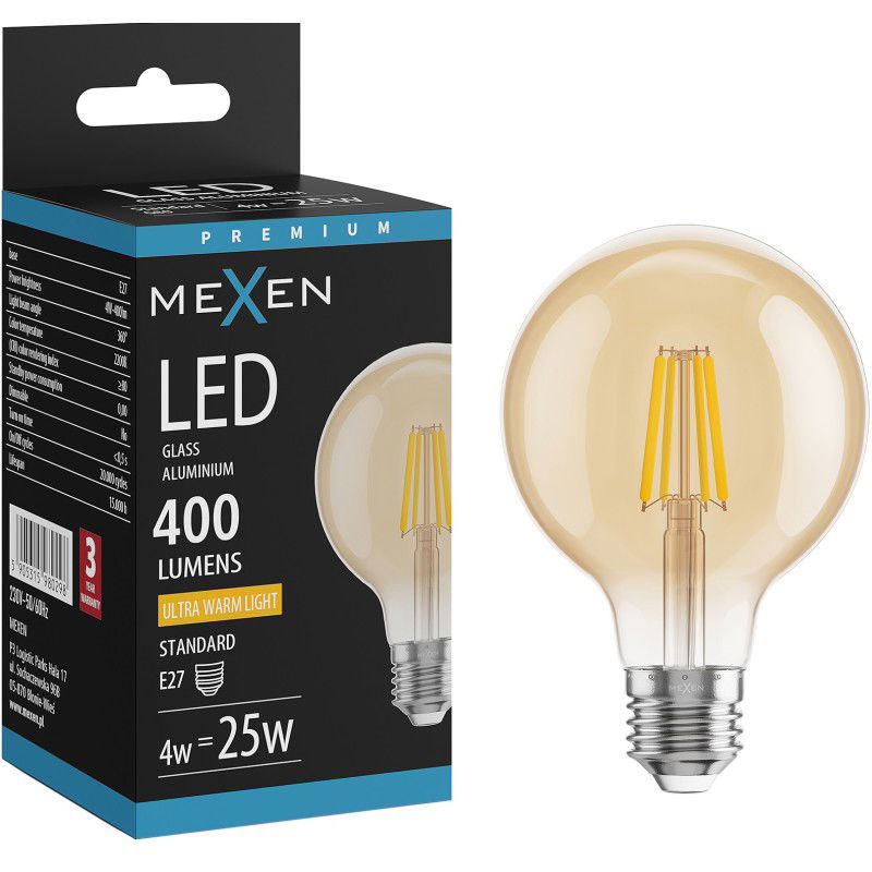 Mexen Vintis LED filament izzó E27, G80, 4W, Meleg - 2200K, 400 lm, borostyán - L155-E27-0422-50