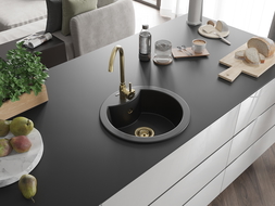 Mexen Diego chiuvetă de granit cu 1 compartiment 488 x 480 mm, Neagră, sifon Auriu - 6512481000-77-G