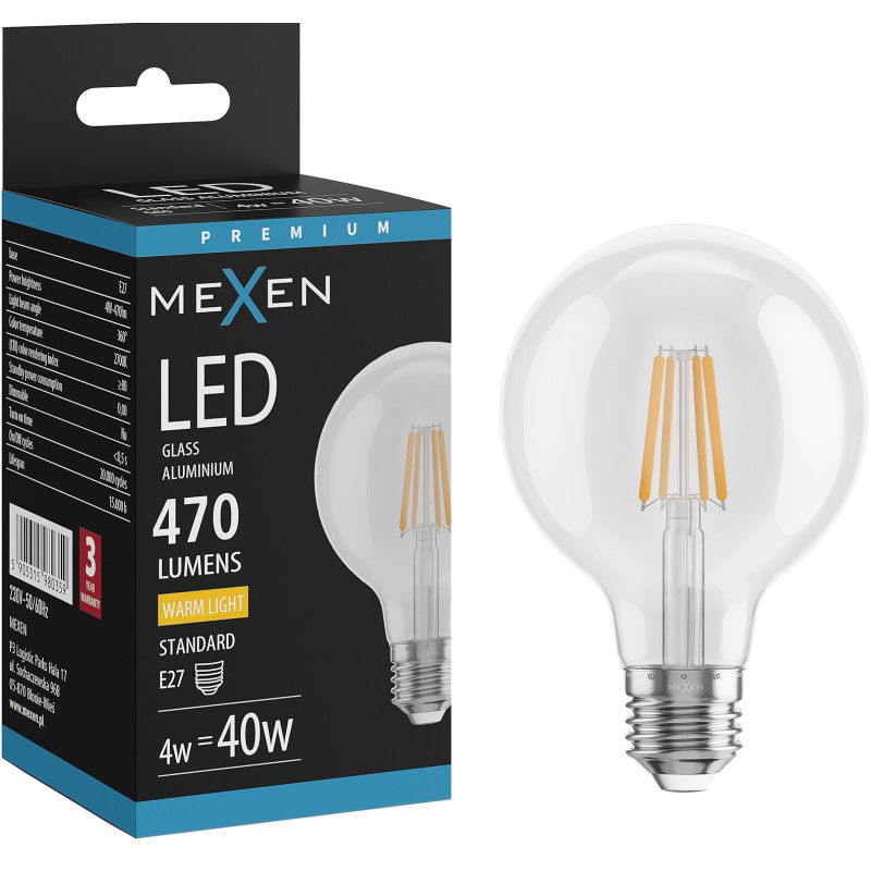 Mexen Vintis Bec LED filament E27, G80, 4W, Cald - 2700K, 470 lm, clar - L155-E27-0427-00
