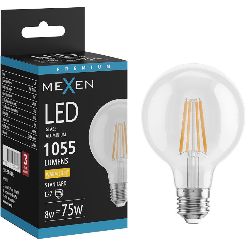 Mexen Vintis LED szálas izzó E27, G80, 8W, Meleg - 2700K, 1055 lm, átlátszó - L155-E27-0827-00