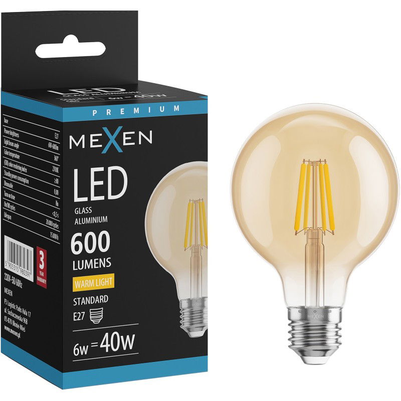 Mexen Vintis Bec cu filament LED E27, G80, 8W, Cald - 2700K, 750 lm, chihlimbar - L155-E27-0827-50