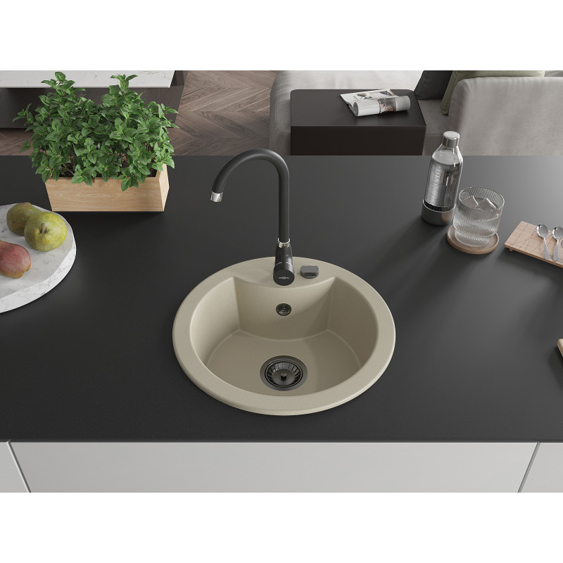 Mexen Diego chiuvetă de bucătărie din granit cu 1 compartiment 488 x 480 mm, bej, sifon negru - 6512481000-69-B