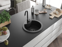 Mexen Diego chiuvetă de bucătărie din granit cu 1 compartiment 488 x 480 mm, negru/argintiu metalic, sifon negru