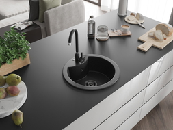 Mexen Diego chiuvetă din granit cu 1 compartiment 488 x 480 mm, negru/argintiu metalic, sifon negru - 6512481000-73-B