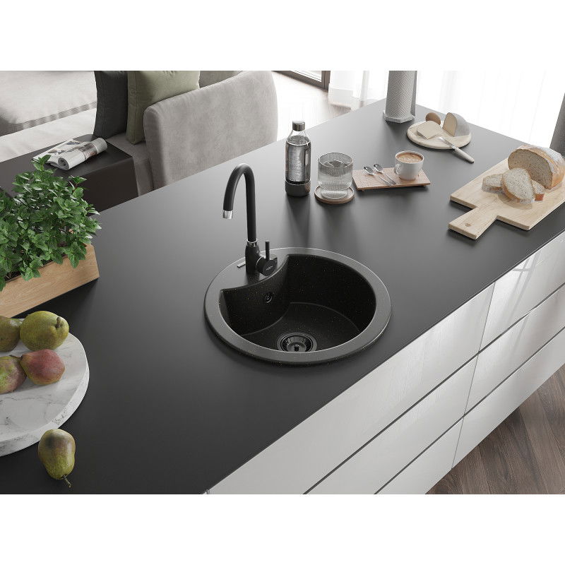 Mexen Diego chiuvetă de bucătărie din granit cu 1 cuvă 488 x 480 mm, negru/auriu metalizat, sifon negru - 6512481000-75-B