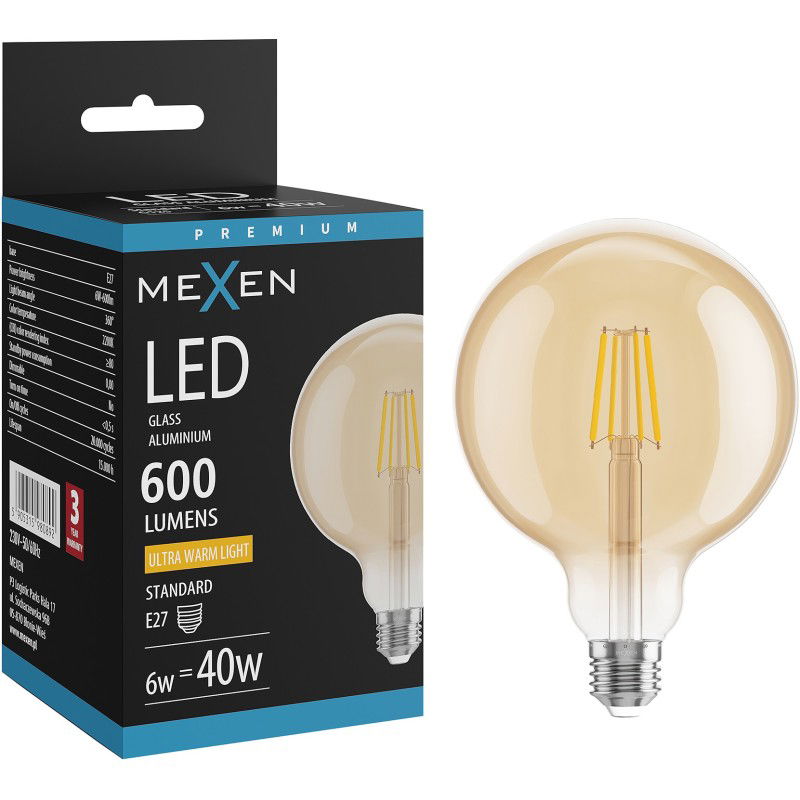 Mexen Vintis Bec LED filament E27, G125, 6W, Caldă - 2200K, 600 lm, chihlimbar - L158-E27-0622-50