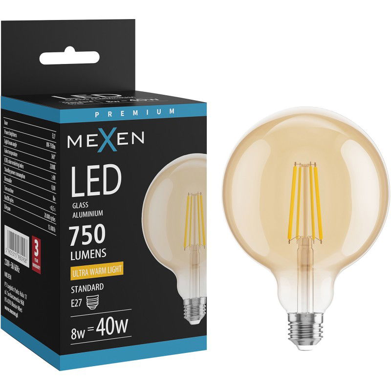Mexen Vintis LED filament izzó E27, G125, 8W, Meleg - 2200K, 750 lm, borostyán - L158-E27-0822-50