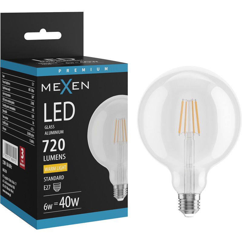 Mexen Vintis LED filament izzó E27, G125, 6W, Meleg - 2700K, 720 lm, átlátszó - L158-E27-0627-00