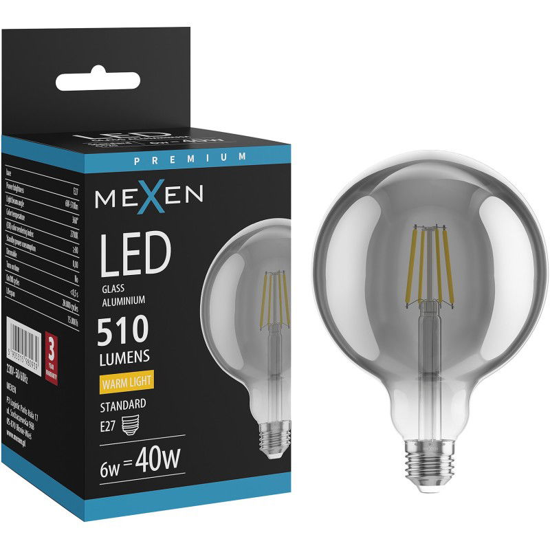 Mexen Vintis LED filament izzó E27, G125, 6W, Meleg - 2700K, 510 lm, füst - L158-E27-0627-70