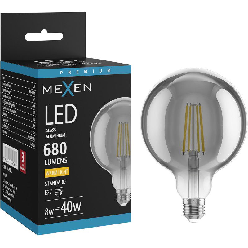 Mexen Vintis Filament LED izzó E27, G125, 8W, Meleg - 2700K, 680 lm, füstszínű - L158-E27-0827-70
