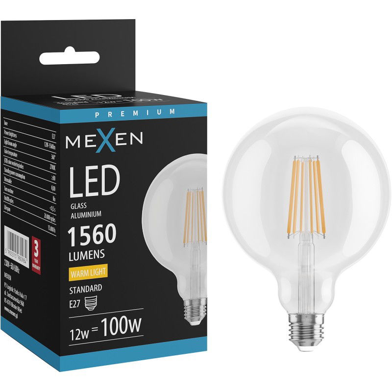 Mexen Vintis LED filament izzó E27, G125, 12W, Meleg - 2700K, 1560 lm, átlátszó - L158-E27-1227-00
