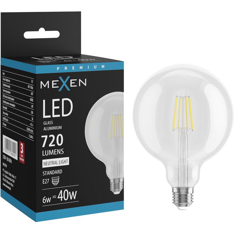 Mexen Vintis LED filament izzó E27, G125, 6W, Semleges - 4000K, 720 lm, átlátszó - L158-E27-0640-00